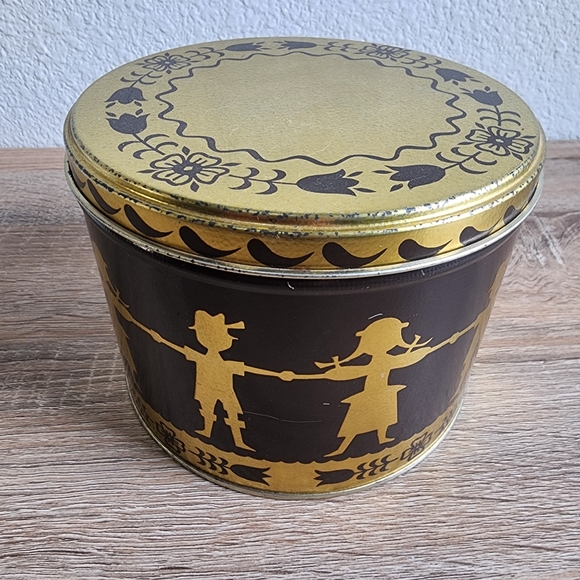 VINTAGE 70s SWISS MISS Brown Gold Girl Boy Floral Flower Circle Tin and Lid - Picture 2 of 10